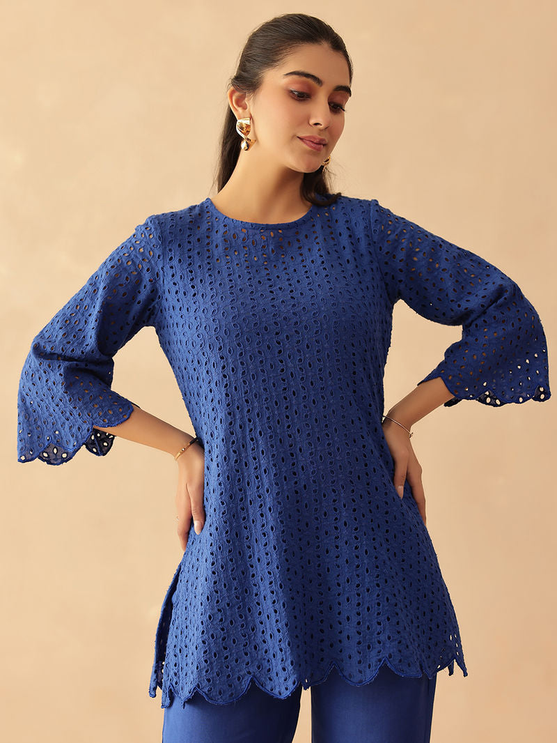 Navy Blue Schiffli Embroidered Cotton Shantoon Co-ord Set- Set of 2