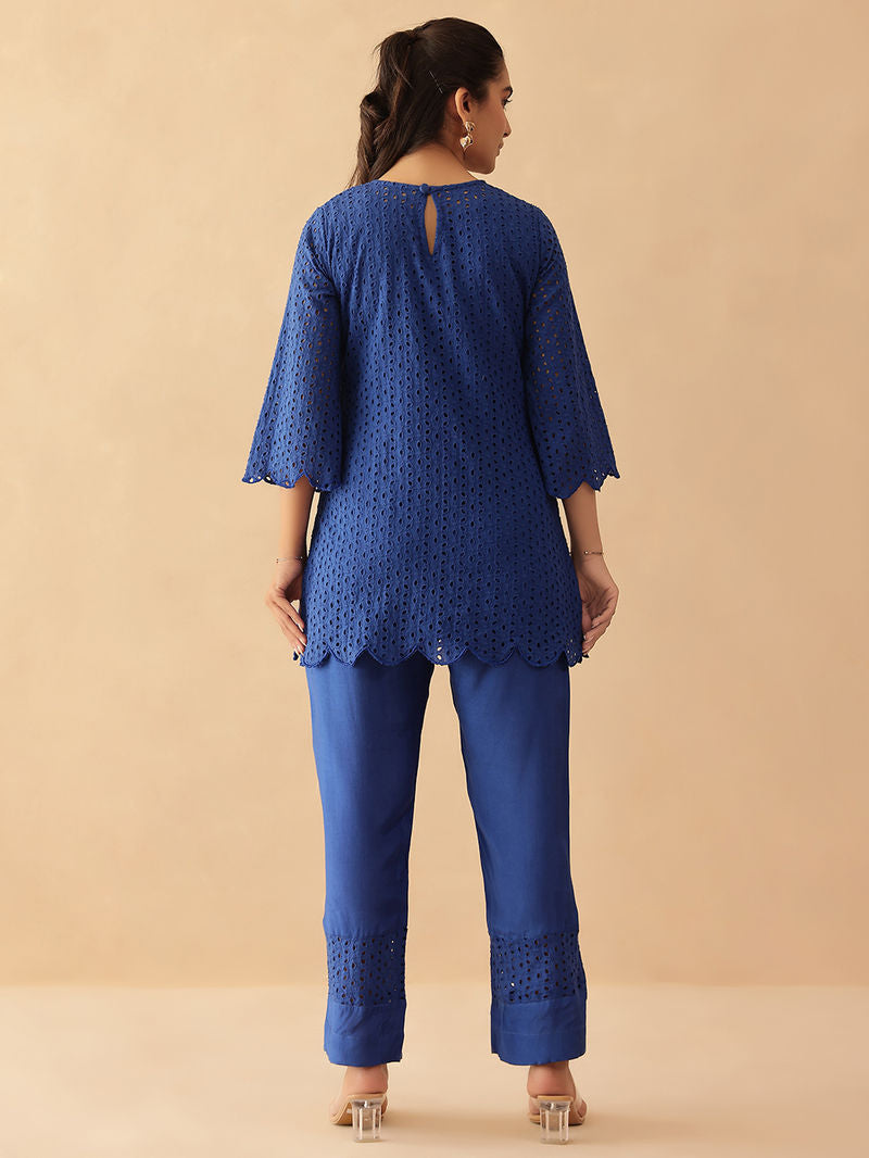 Navy Blue Schiffli Embroidered Cotton Shantoon Co-ord Set- Set of 2