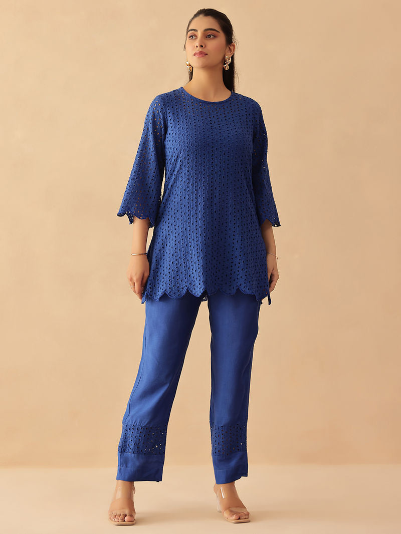 Navy Blue Schiffli Embroidered Cotton Shantoon Co-ord Set- Set of 2