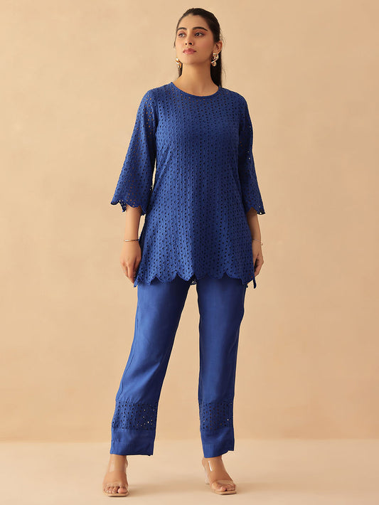 Navy Blue Schiffli Embroidered Cotton Shantoon Co-ord Set- Set of 2