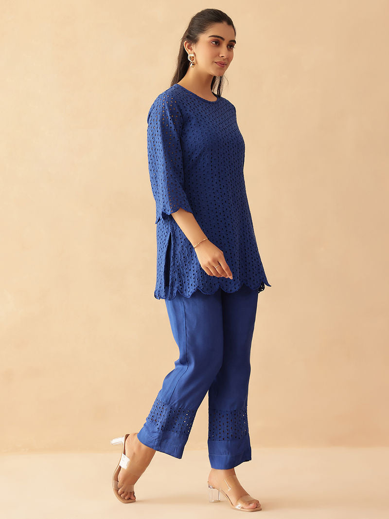 Navy Blue Schiffli Embroidered Cotton Shantoon Co-ord Set- Set of 2