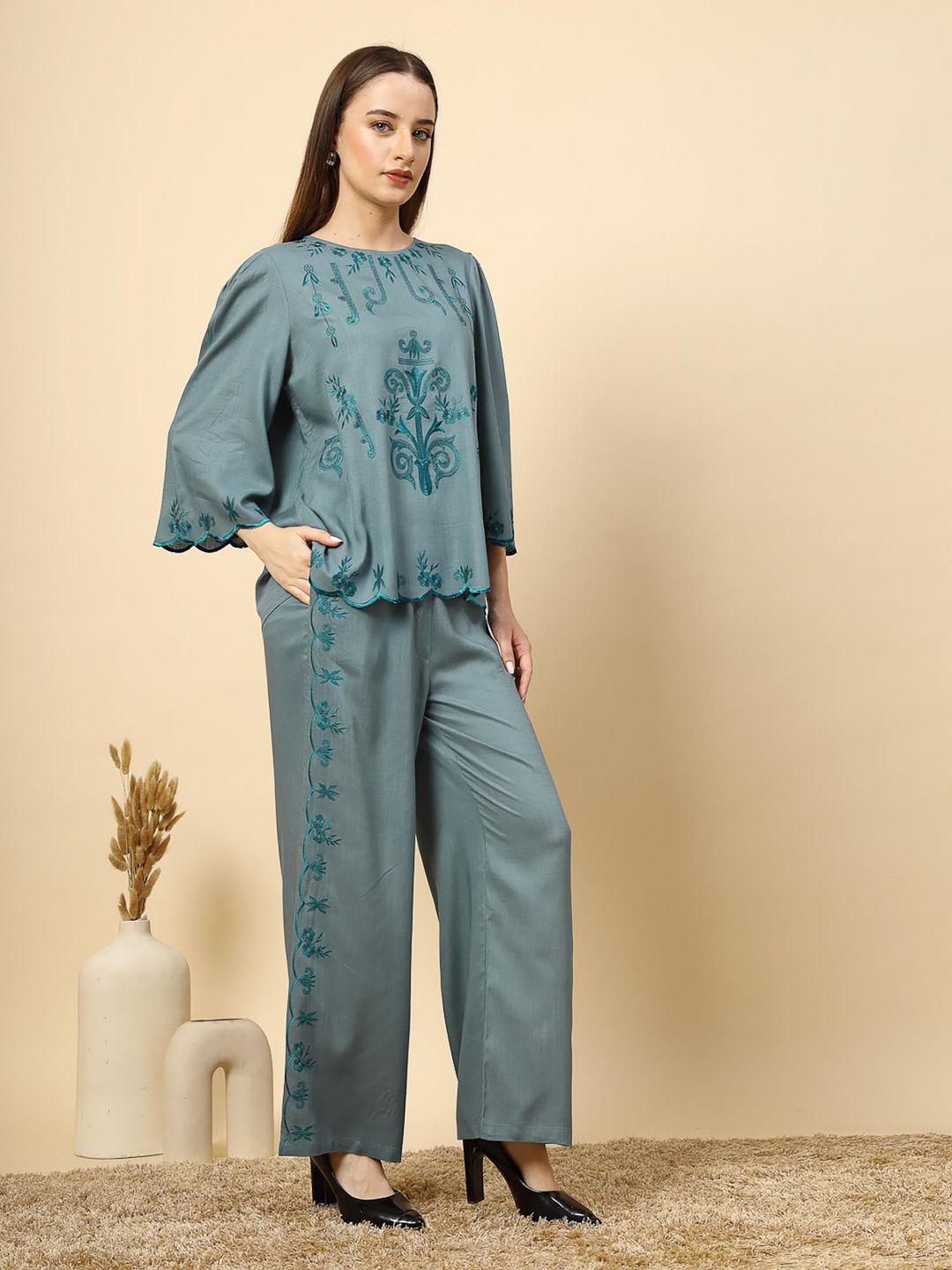 Elegant Steel Blue Embroidered Top Trousers (Set of 2)