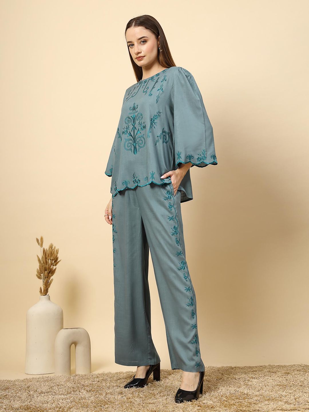 Elegant Steel Blue Embroidered Top Trousers (Set of 2)