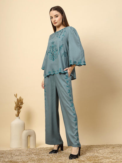 Elegant Steel Blue Embroidered Top Trousers (Set of 2)