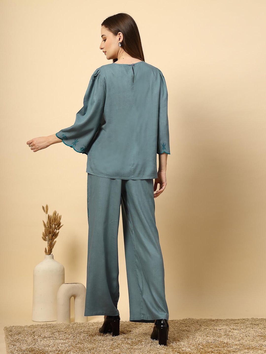 Elegant Steel Blue Embroidered Top Trousers (Set of 2)