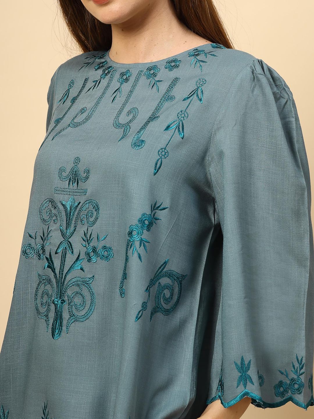 Elegant Steel Blue Embroidered Top Trousers (Set of 2)