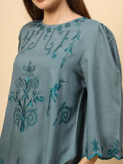 Elegant Steel Blue Embroidered Top Trousers (Set of 2)