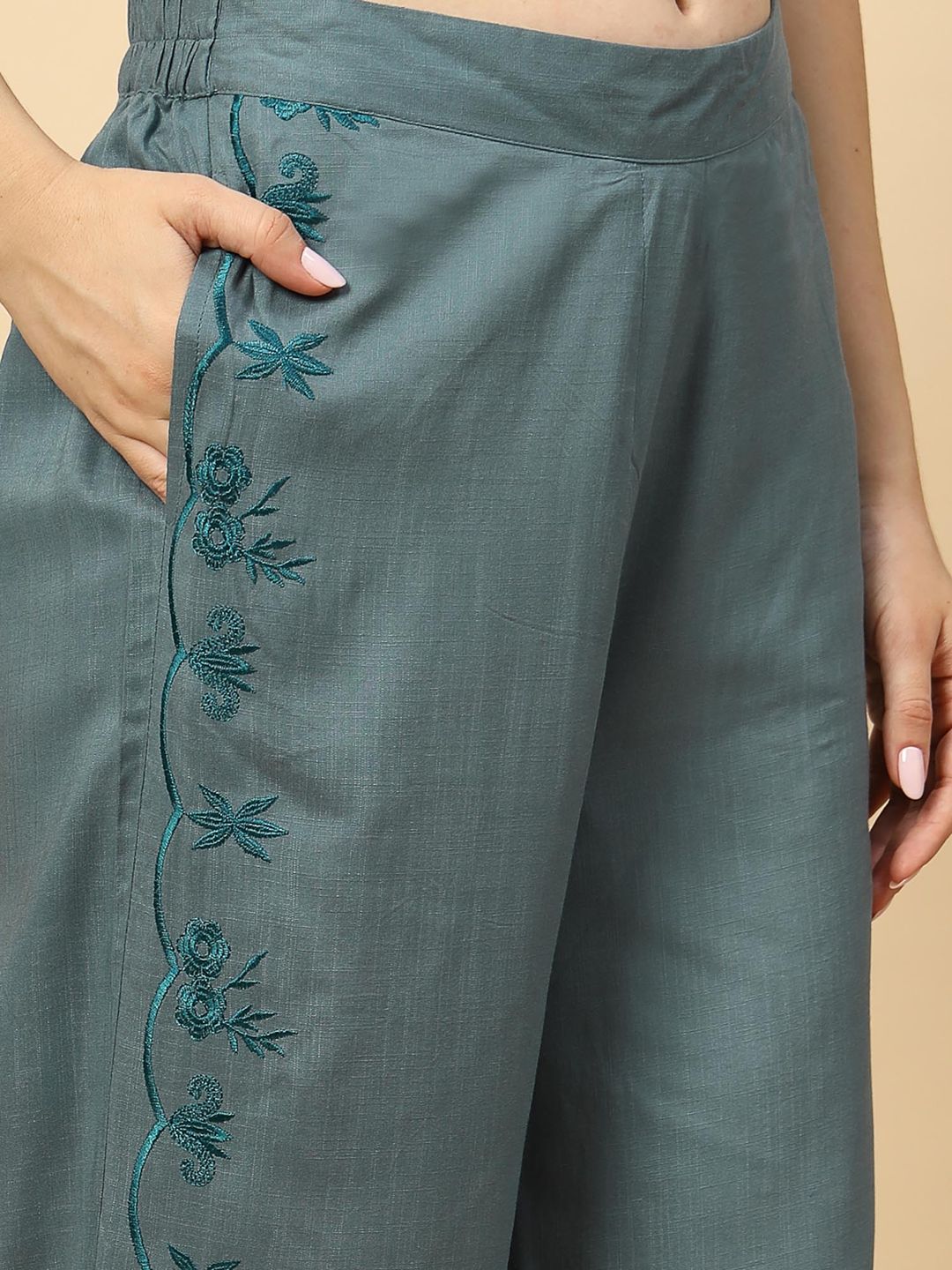 Elegant Steel Blue Embroidered Top Trousers (Set of 2)