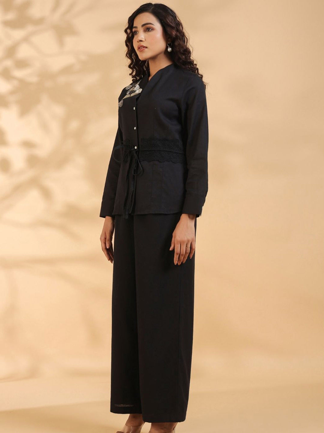 Women Black Beaded Flower Motif Co-Ords