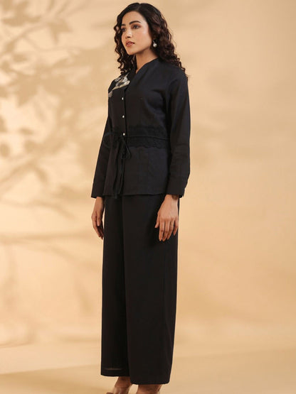 Women Black Beaded Flower Motif Co-Ords