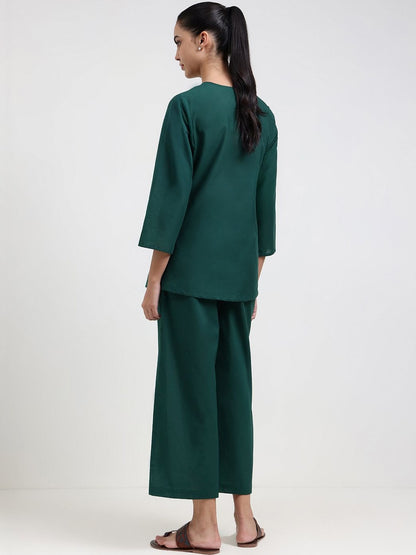 Floral-Printed Cotton V-Neck Top With Trouser Co-Ords