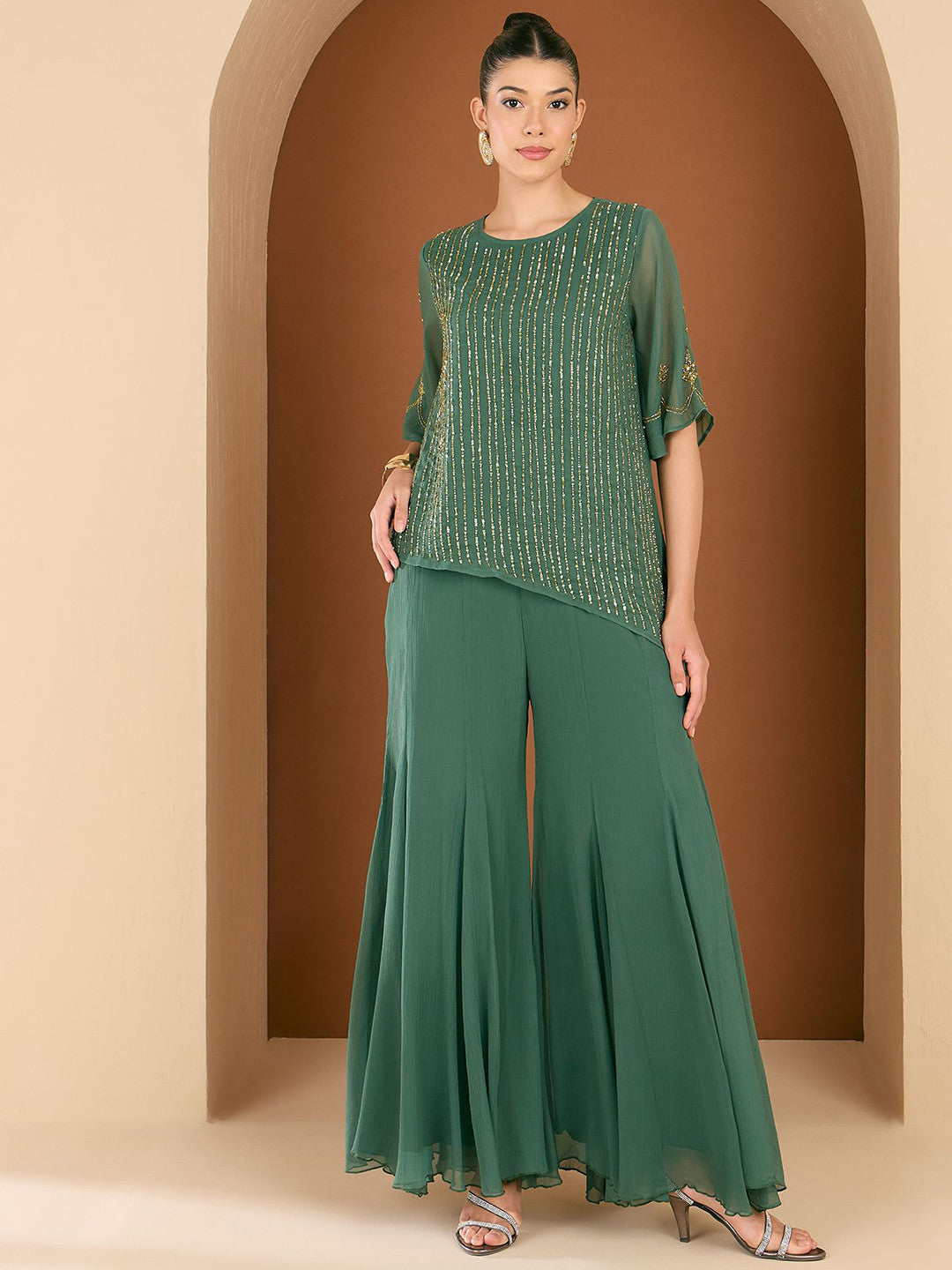 Embellished Round Neck Top & Palazzo Co-Ords