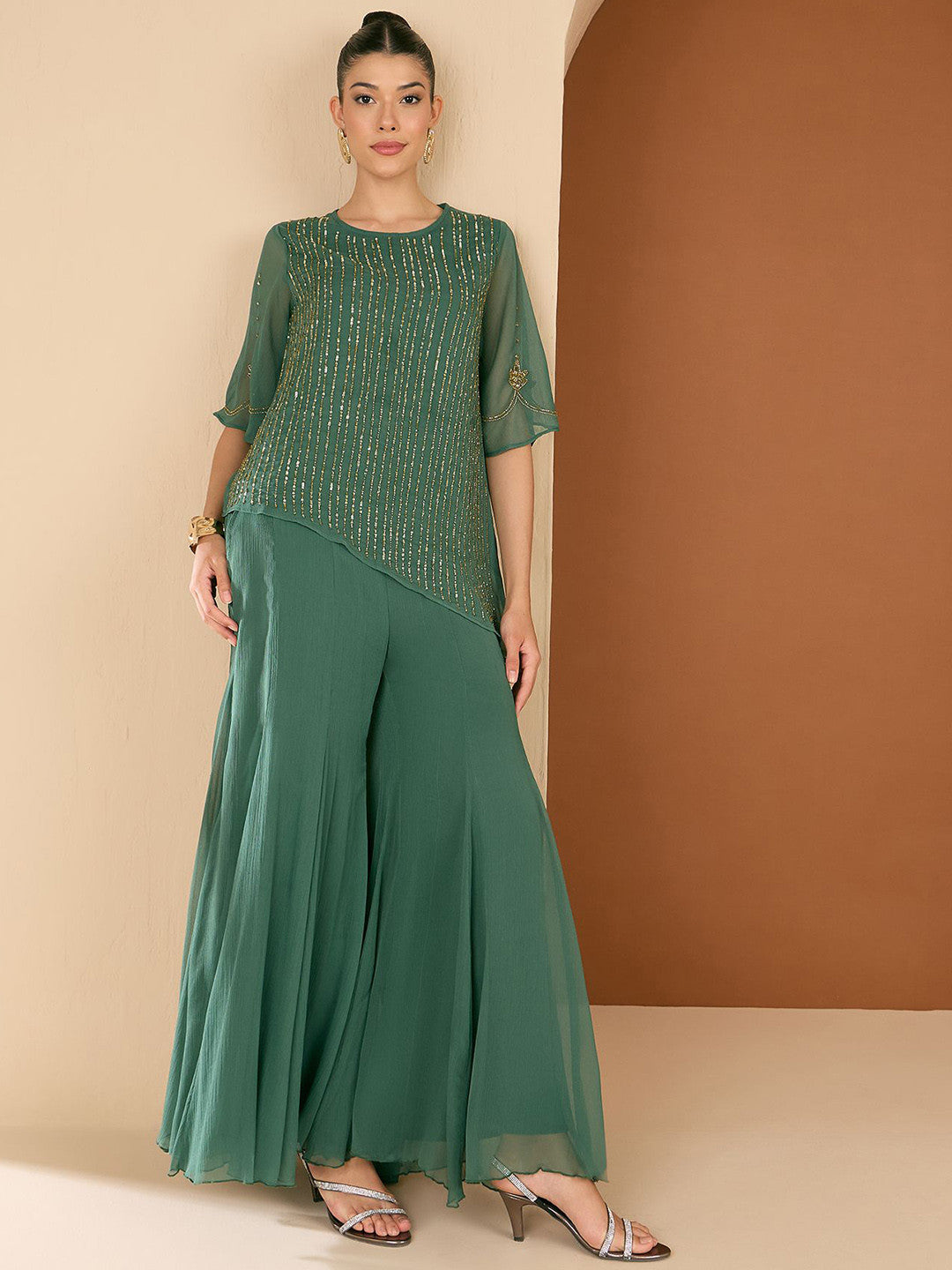 Embellished Round Neck Top & Palazzo Co-Ords
