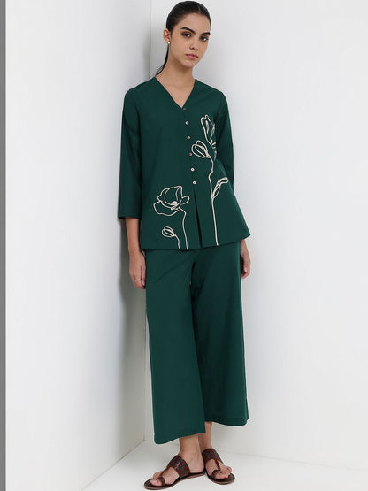 Floral-Printed Cotton V-Neck Top With Trouser Co-Ords