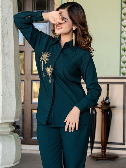 Embroidered Shirt Collar Neck Shirt With Trousers Co-Ords