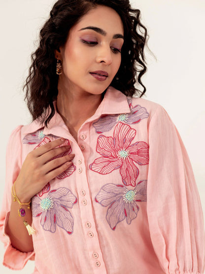 Embroidered Shirt Collar Pure Cotton Shirt With Trousers Co-Ords