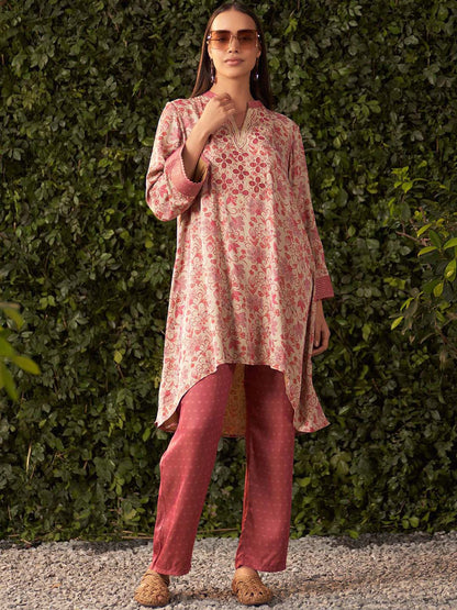 Pink Printed Satin Co-Ord Set For Women