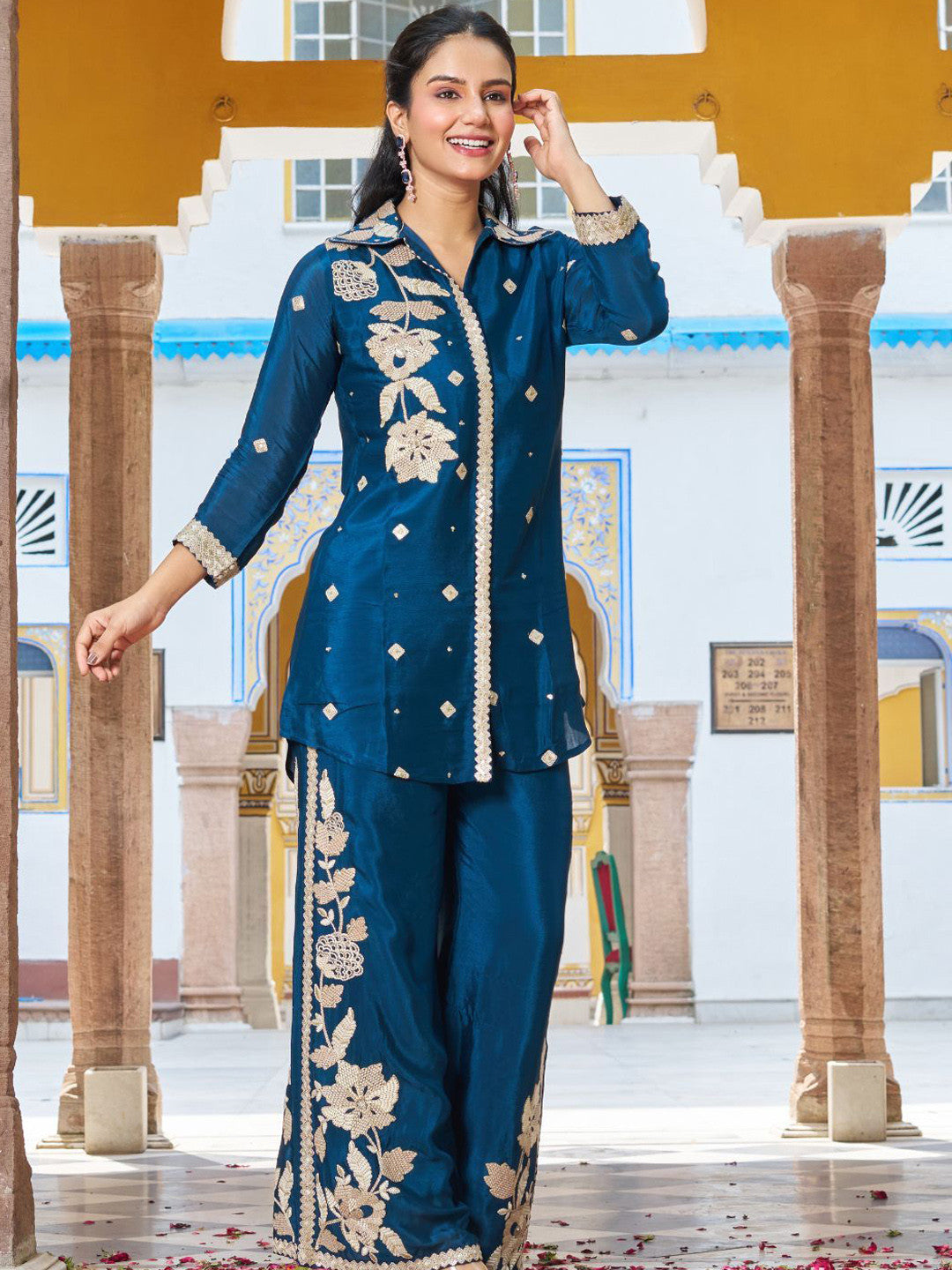 Embroidered Shirt Collar Neck Tunic With Palazzo Co-Ords