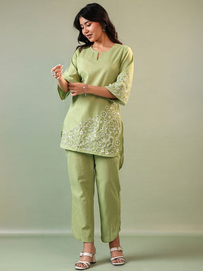 Embroidered Round Neck Top & Trouser Co-Ords