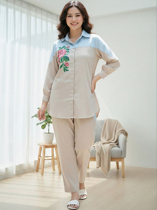 Romantic Florals Embroidered Shirt with Trousers