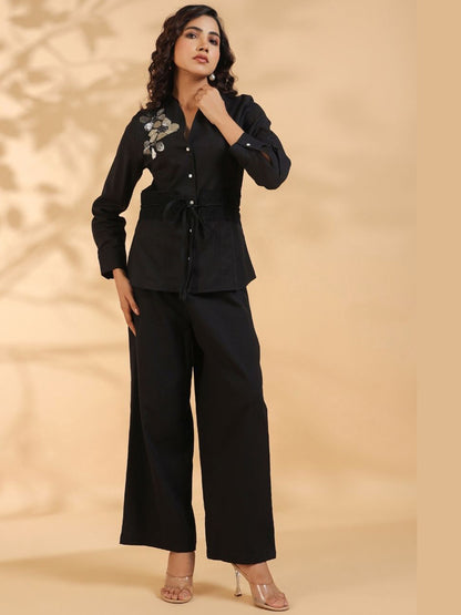 Women Black Beaded Flower Motif Co-Ords