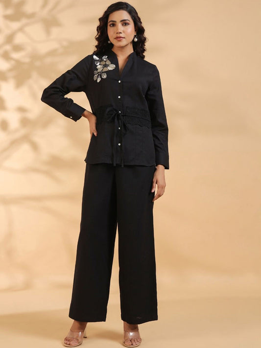 Women Black Beaded Flower Motif Co-Ords