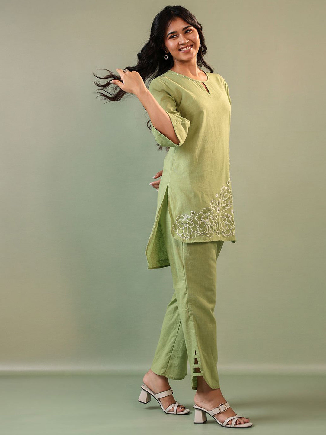 Embroidered Round Neck Top & Trouser Co-Ords