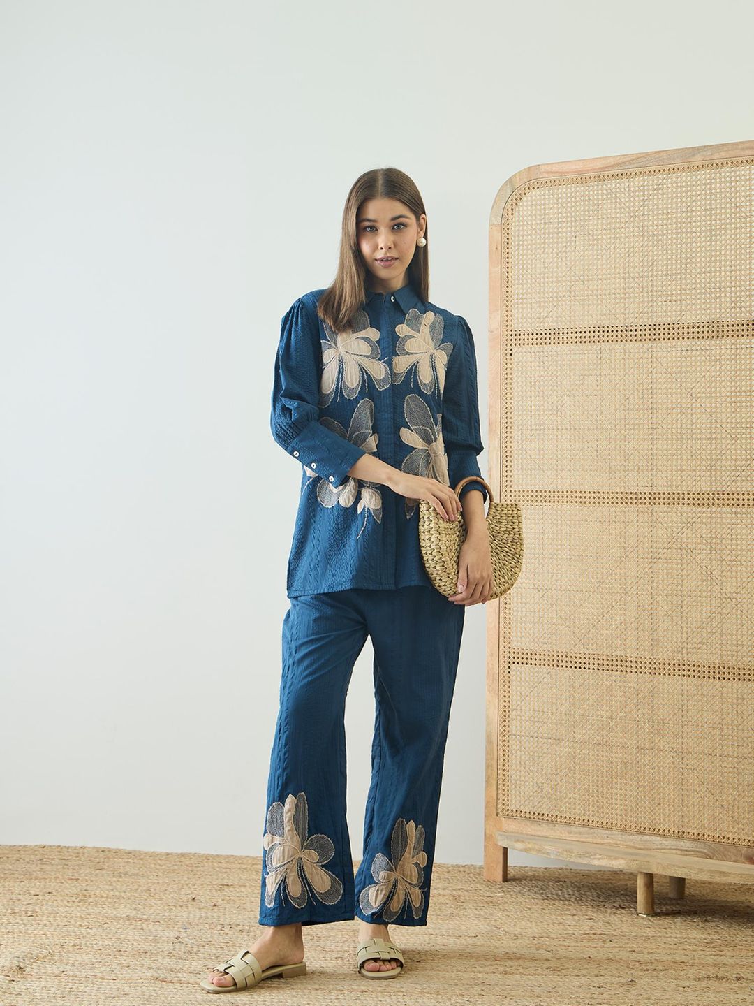 Cotton Embroidered Co-Ord Set - Teal