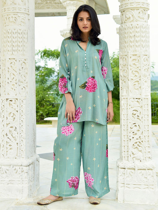 Green Printed Modal Tunic with Pants - Set of 2