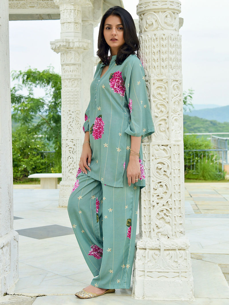 Green Printed Modal Tunic with Pants - Set of 2