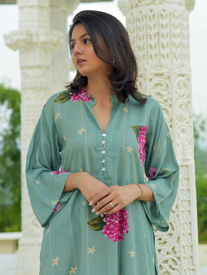 Green Printed Modal Tunic with Pants - Set of 2