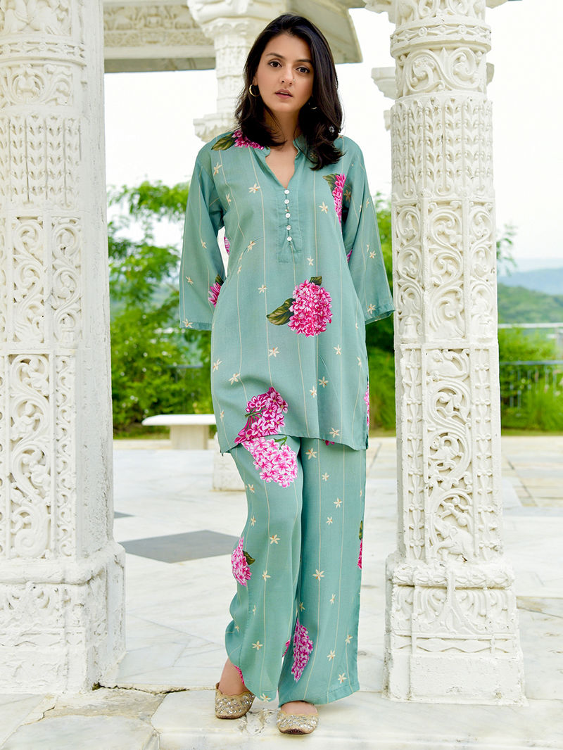 Green Printed Modal Tunic with Pants - Set of 2