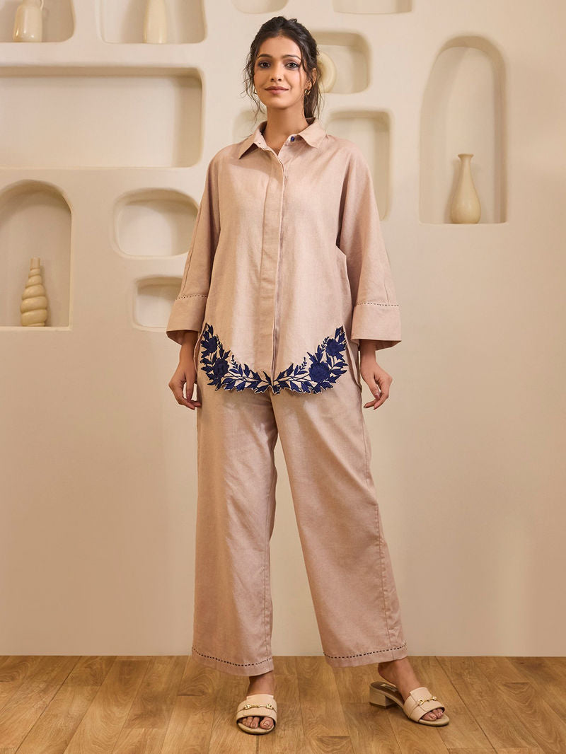 Old Rose Embroidered Cotton Tencel Co-ord Set- Set of 2