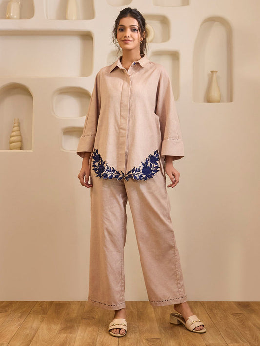 Old Rose Embroidered Cotton Tencel Co-ord Set- Set of 2