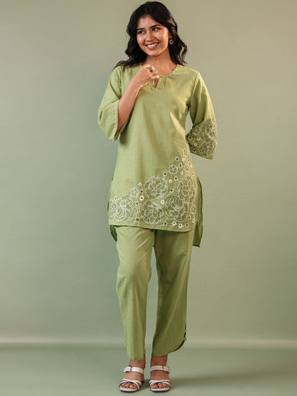 Embroidered Round Neck Top & Trouser Co-Ords