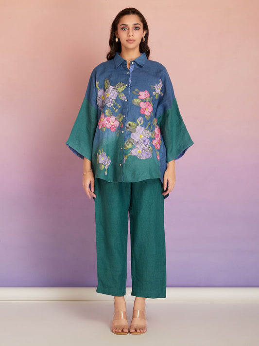 Blue Green Ombre Dyed Cotton Patch Work Co-ord Set - Set of 2