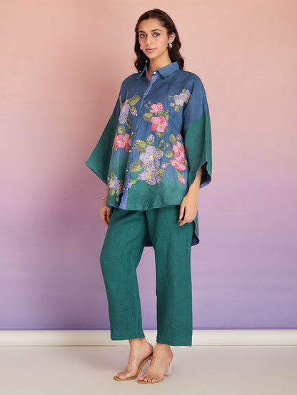 Blue Green Ombre Dyed Cotton Patch Work Co-ord Set - Set of 2