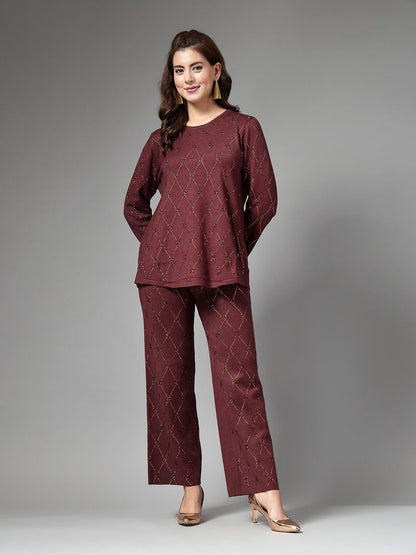 Women Embellished Co-Ord Set - Brown