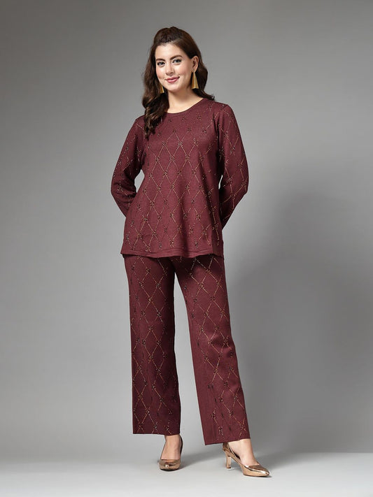 Women Embellished Co-Ord Set - Brown