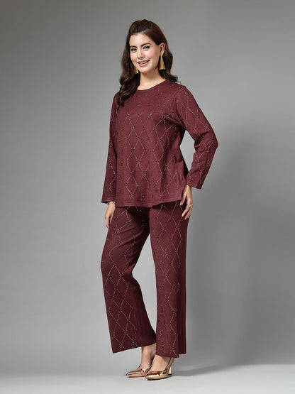 Women Embellished Co-Ord Set - Brown