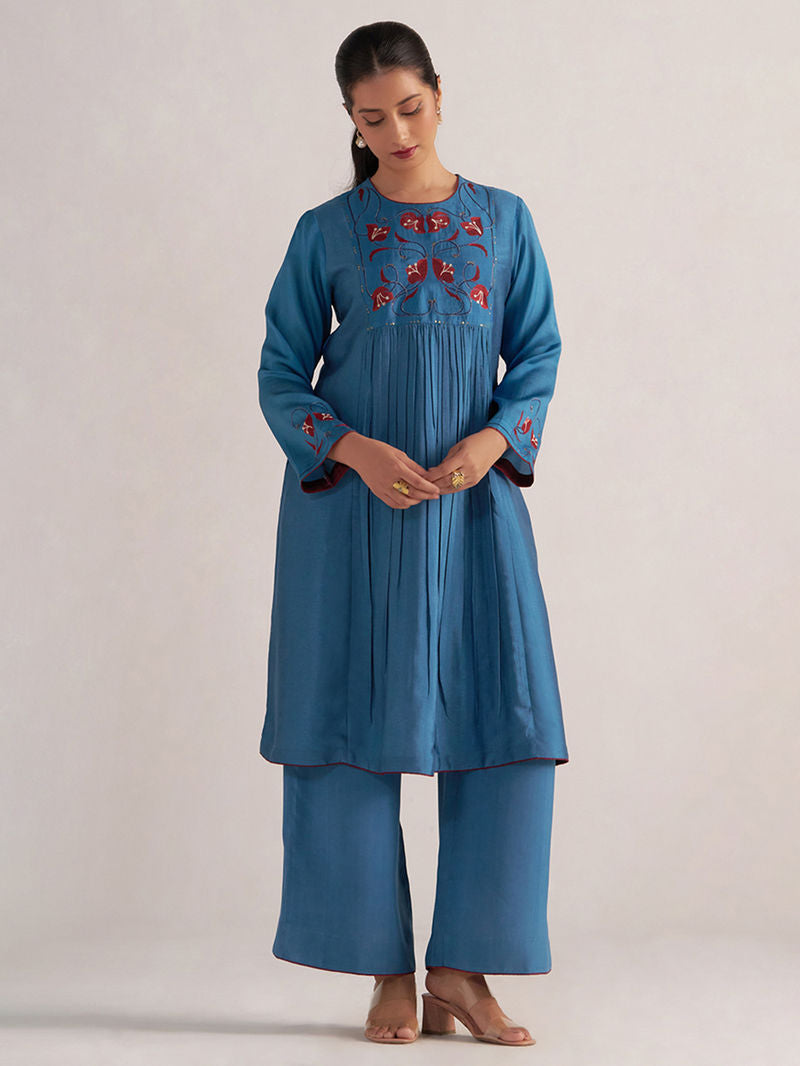 Blue Printed Raw Silk Kurta with Pants - Set of 2