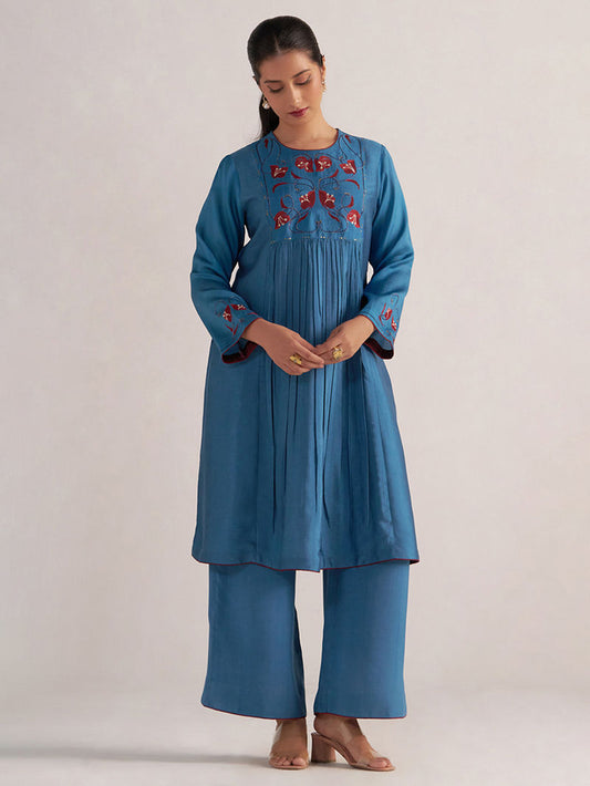 Blue Printed Raw Silk Kurta with Pants - Set of 2