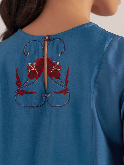 Blue Printed Raw Silk Kurta with Pants - Set of 2