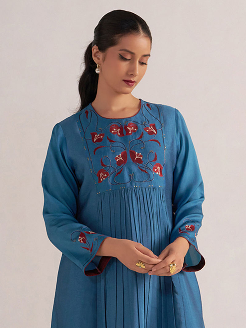 Blue Printed Raw Silk Kurta with Pants - Set of 2