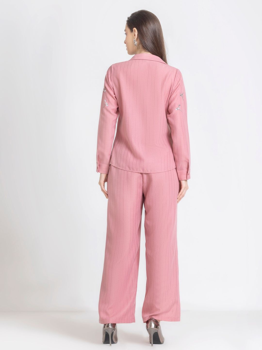 Pink Spread Collar Embroidered Party Co-Ord Set For Women