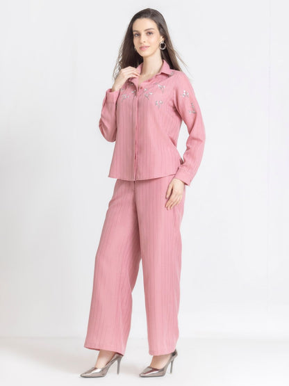 Pink Spread Collar Embroidered Party Co-Ord Set For Women