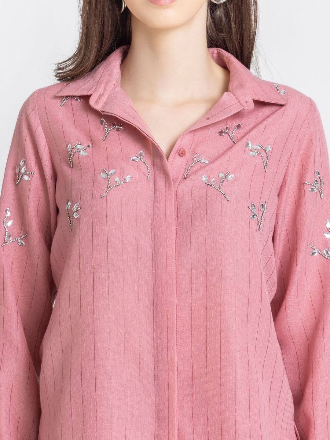 Pink Spread Collar Embroidered Party Co-Ord Set For Women