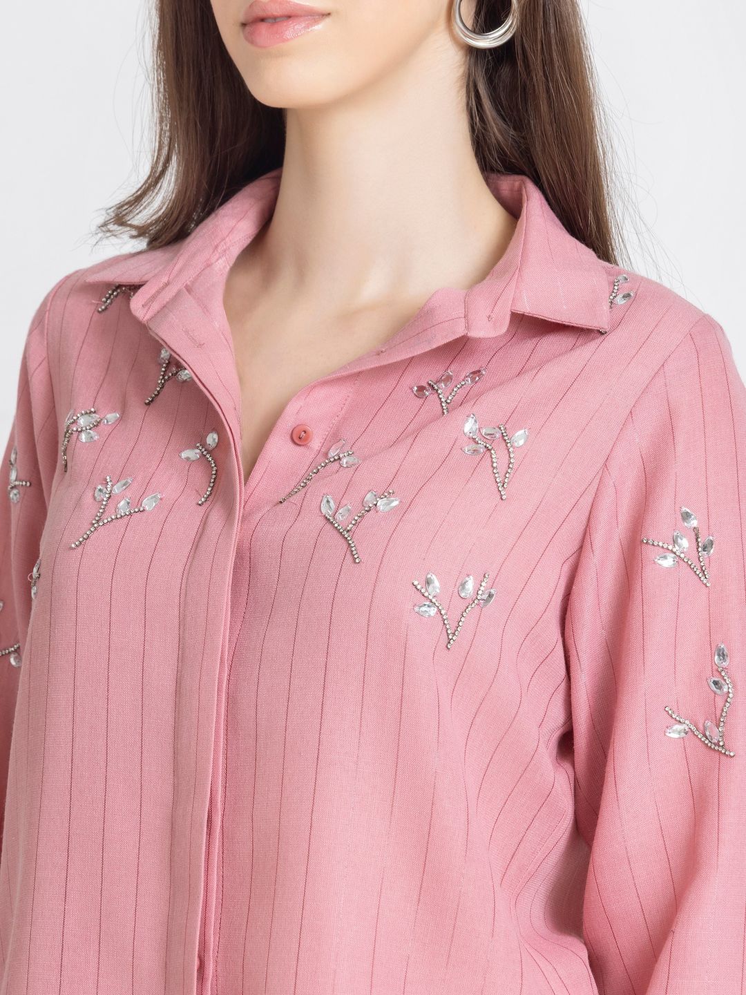 Pink Spread Collar Embroidered Party Co-Ord Set For Women