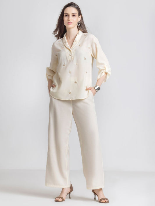 Ivory Shawl Collar Embroidered Casual Co-Ord Set For Women