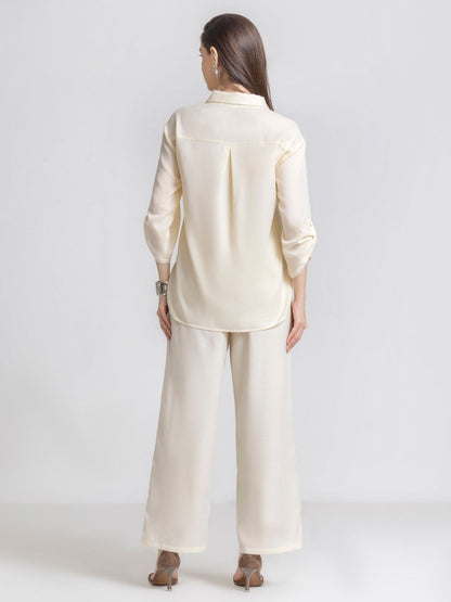 Ivory Shawl Collar Embroidered Casual Co-Ord Set For Women